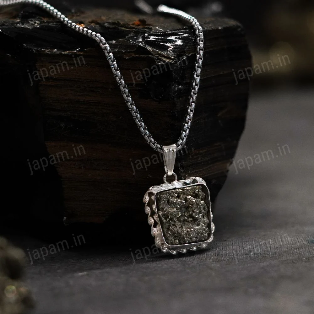 Silver Plated Raw Pyrite Stone Pendant